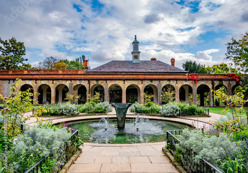 Photography Beautiful public garden and artistic architecture in Holland park of London, Eng