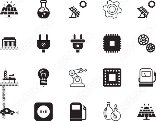 factory vector icon set such as: voltage, movement, robotics, cooperation, safety, light, generator, cogs, tube, ultrasonic, bulb, robot, home, health, scientific, motion, laboratory, outlet