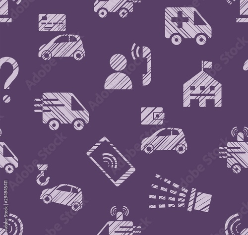 Emergency service  seamless pattern  color  hatching  purple  vector. Emergency medical and fire assistance  reference services. Imitation of pencil hatching. Bright pictures on a purple field.  