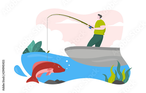 Man on Boat Rod Fishing in Sea Lake Flat Design Illustration