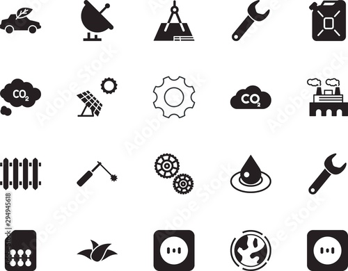 factory vector icon set such as: drop, sphere, color, gallon, rain, chip, mechanics, winter, cogs, wave, brazing, organic, ecological, antenna, measure, plastic, diesel, radio, compass, architect