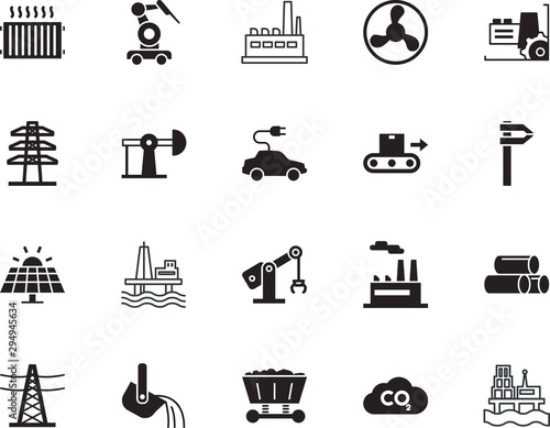 factory vector icon set such as: fan, cloud, chimney, metallurgy, automobile, bright, ecological, airflow, material, resource, air, foundry, radiator, measure, package, label, home, cast, plug