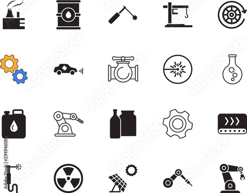 factory vector icon set such as: toxic, empty, cell, ultrasonic, analysis, low, image, electronic, alternative, transport, crude, unmanned, process, road, drawing, panel, sun, erlenmeyer