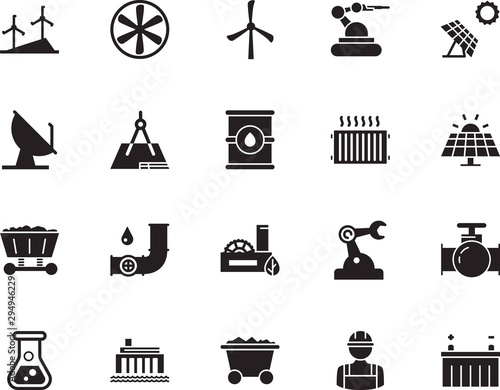 factory vector icon set such as: dam, human, radio, digital, house, fan, hydroelectric, green, craftsmen, airflow, supervisor, check, plan, education, fossil, constructor, internet, medicine, air