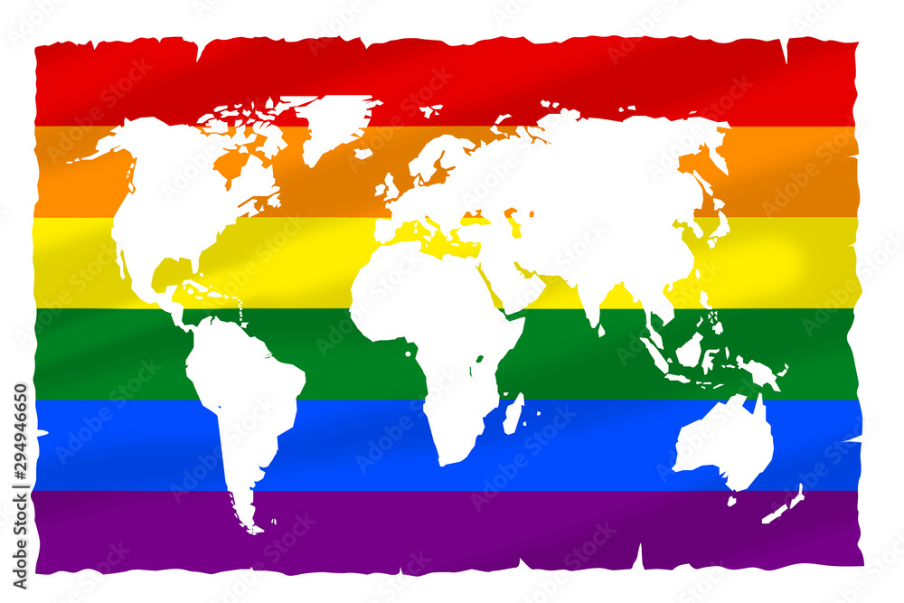 Flaga LGBT naniesiona na mapę Ziemi.  - obrazy, fototapety, plakaty 