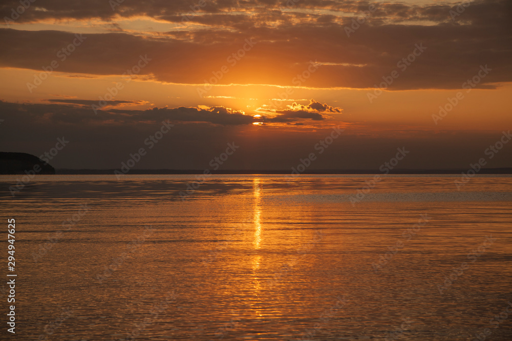 Sunset on the Volga River. Spectacular sunset landscape over the river.