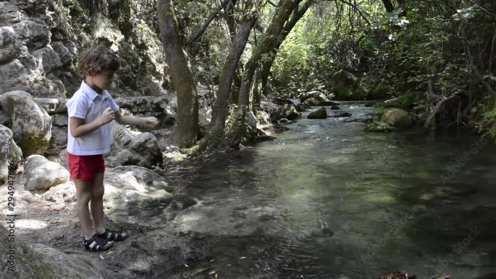 Child standing on the shore of a small mountain river playing throw stones at the water. Child standing on the shore of a small mountain river playing throw stones at the water.