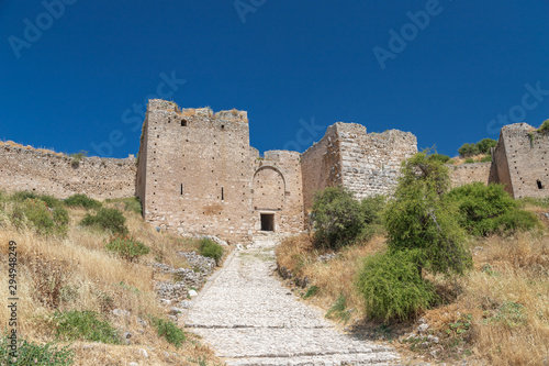 The ruins of the ancient Acrocorinth, the fortress of city Corinth in Greece