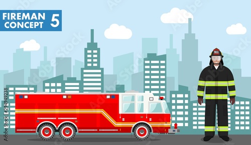 Fireman concept. Detailed illustration of man firefighter and fire truck in flat style on background with cityscape. Vector illustration.