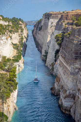 The view of sailboat passing through Corinth Canal in Greece