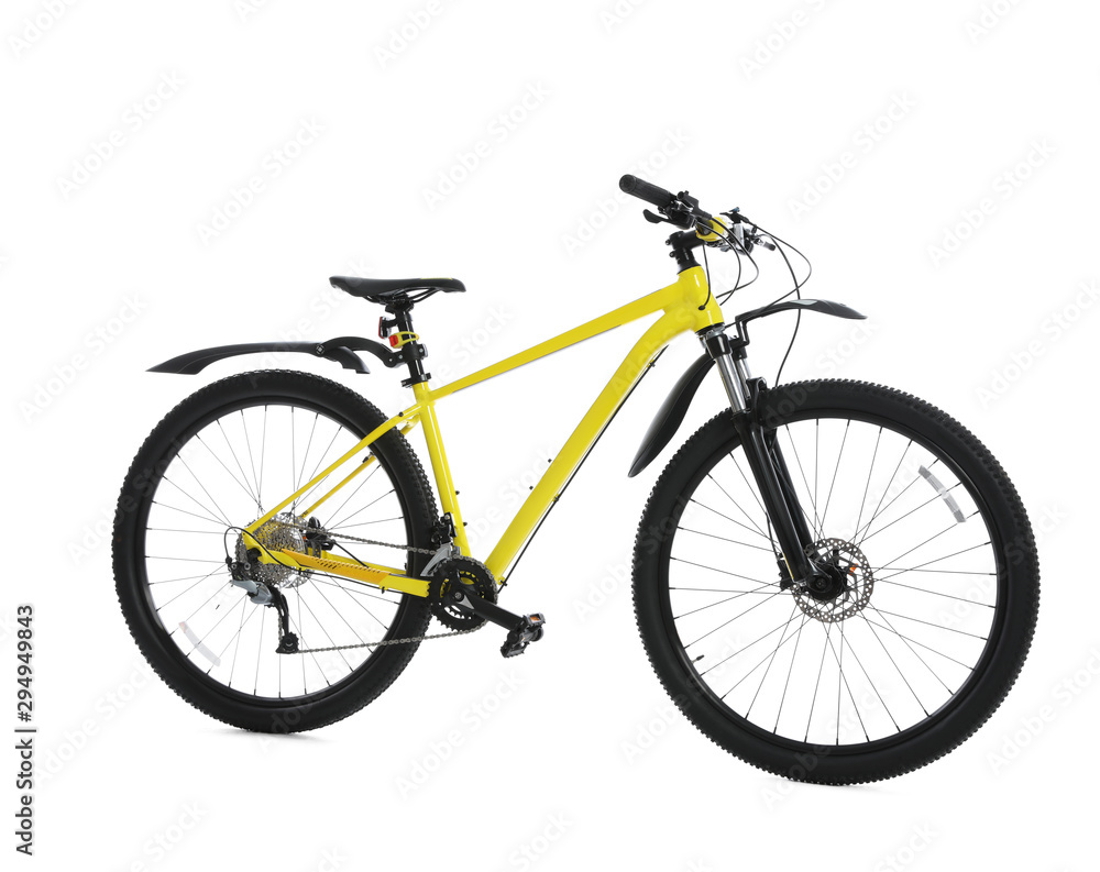 Modern yellow mountain bicycle on white background