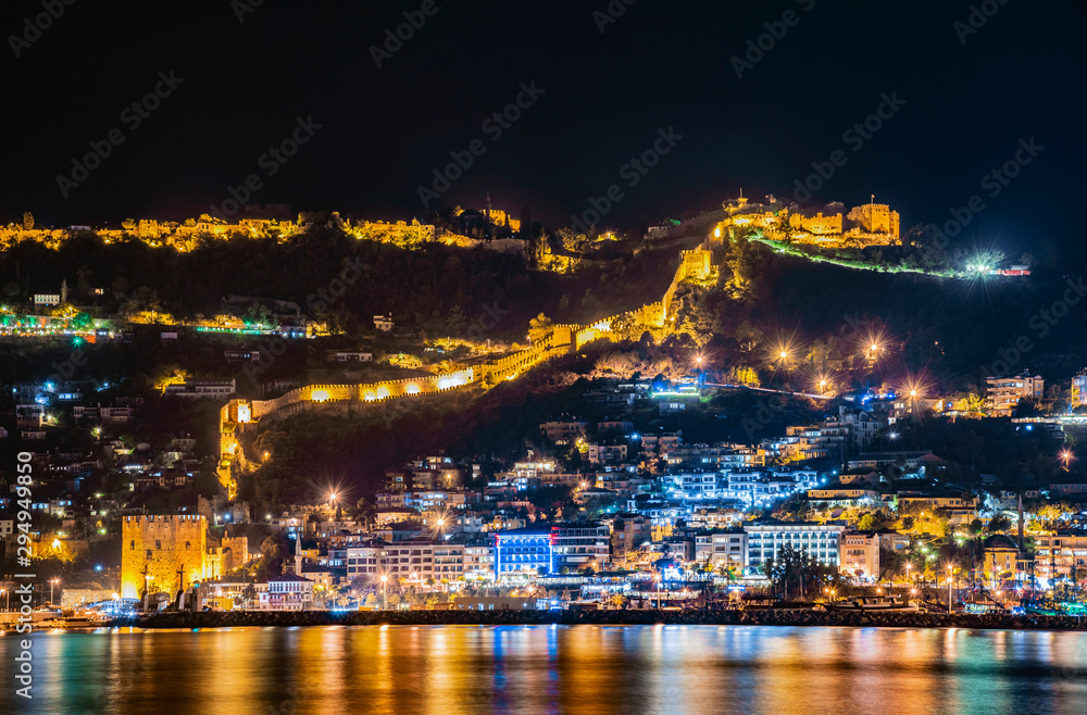 Night city. Alanya, Turkey. Beautiful lights of night city