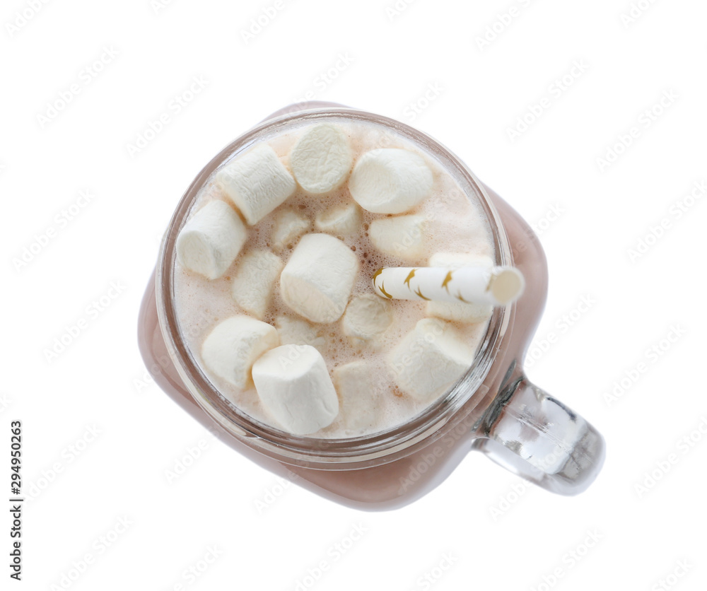 Delicious cocoa with marshmallows in mason jar on white background, top view Delicious cocoa with marshmallows in mason jar on white background, top view