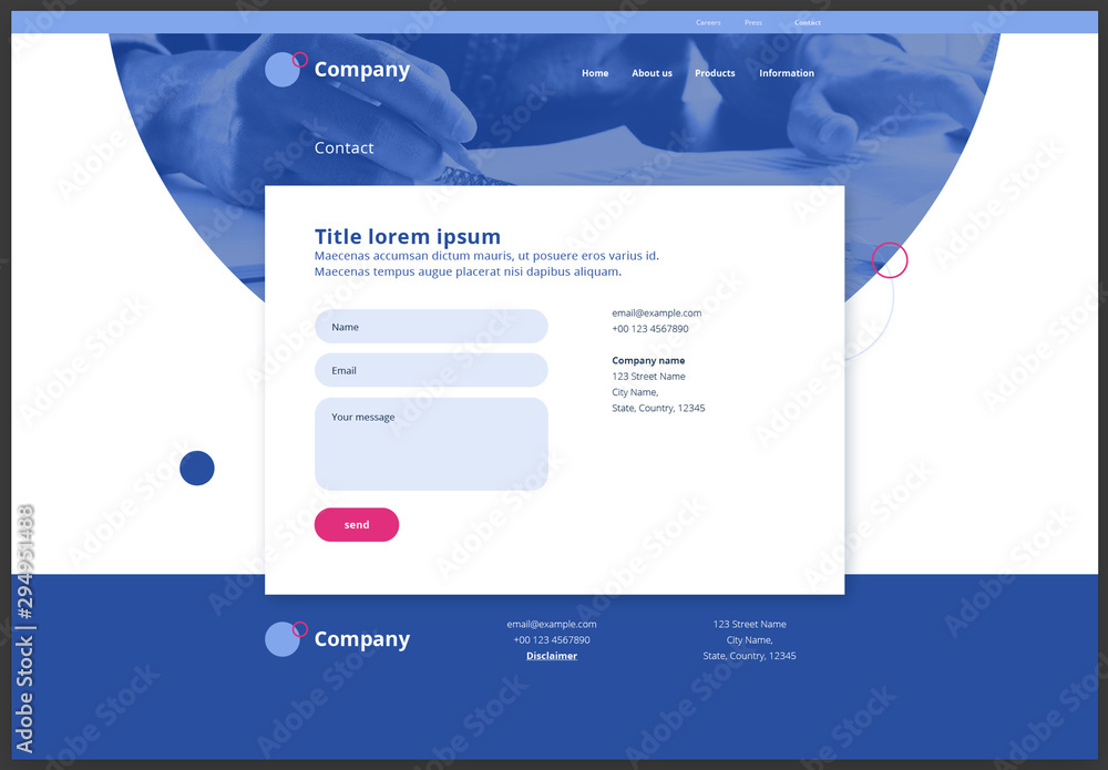 Contact Page Website Design Layout with Blue and Pink Accents Stock ...