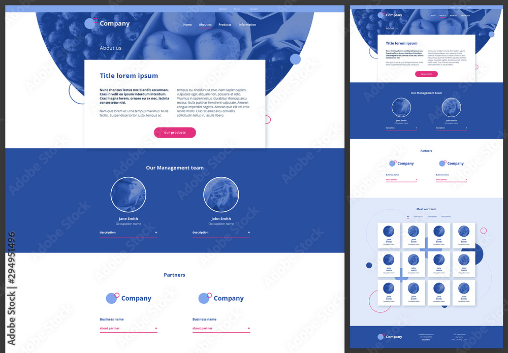About Us Page Website Design Layout With Blue And Pink Accents Stock  Template | Adobe Stock