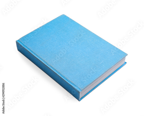Book with blank light blue cover on white background