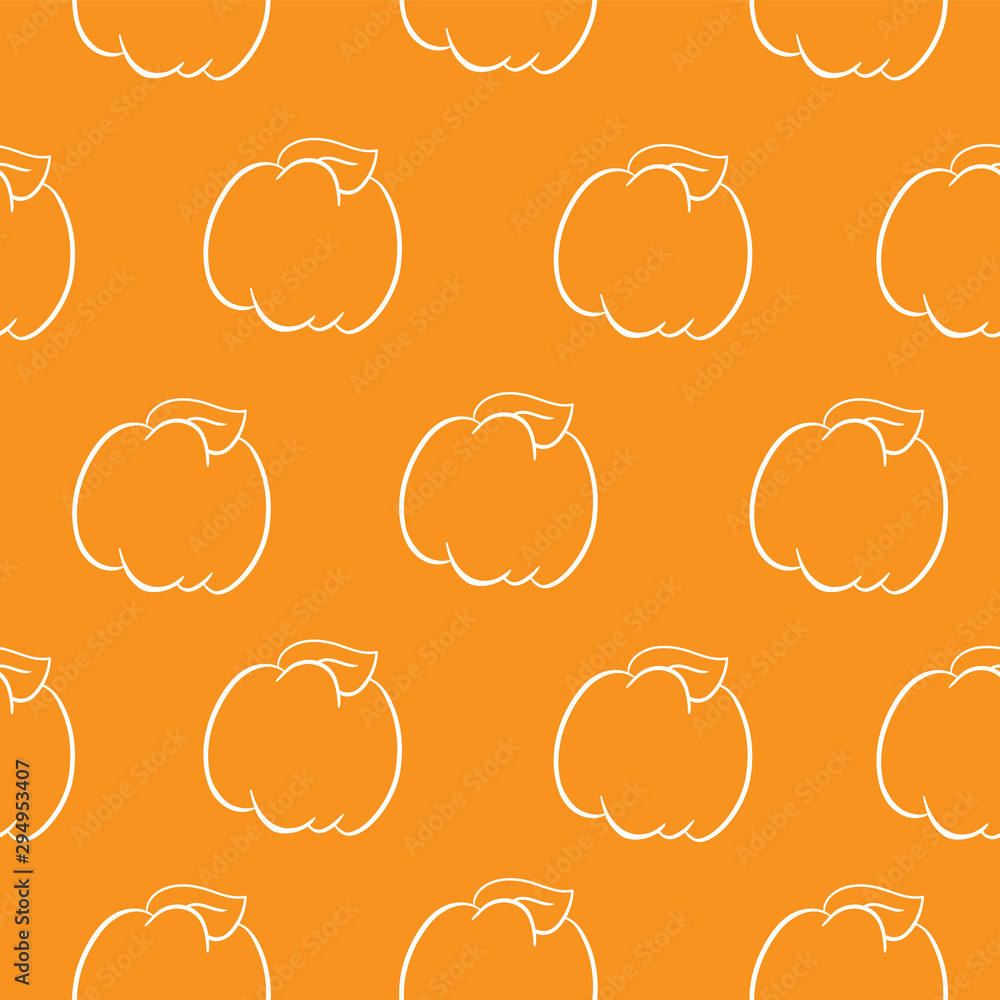 Simple seamless fall pattern with white line pumpkins on orange background