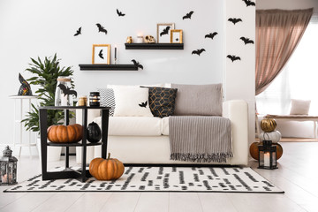 Modern room decorated for Halloween. Idea for festive interior