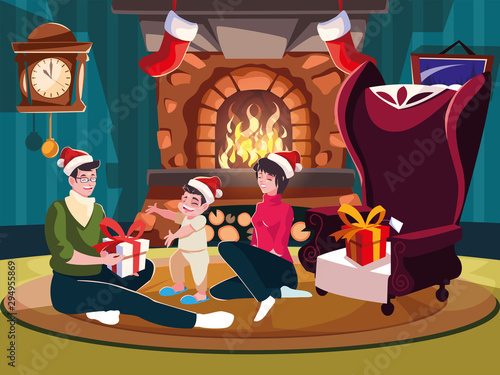 family in living room with christmas decoration, christmas evening scene