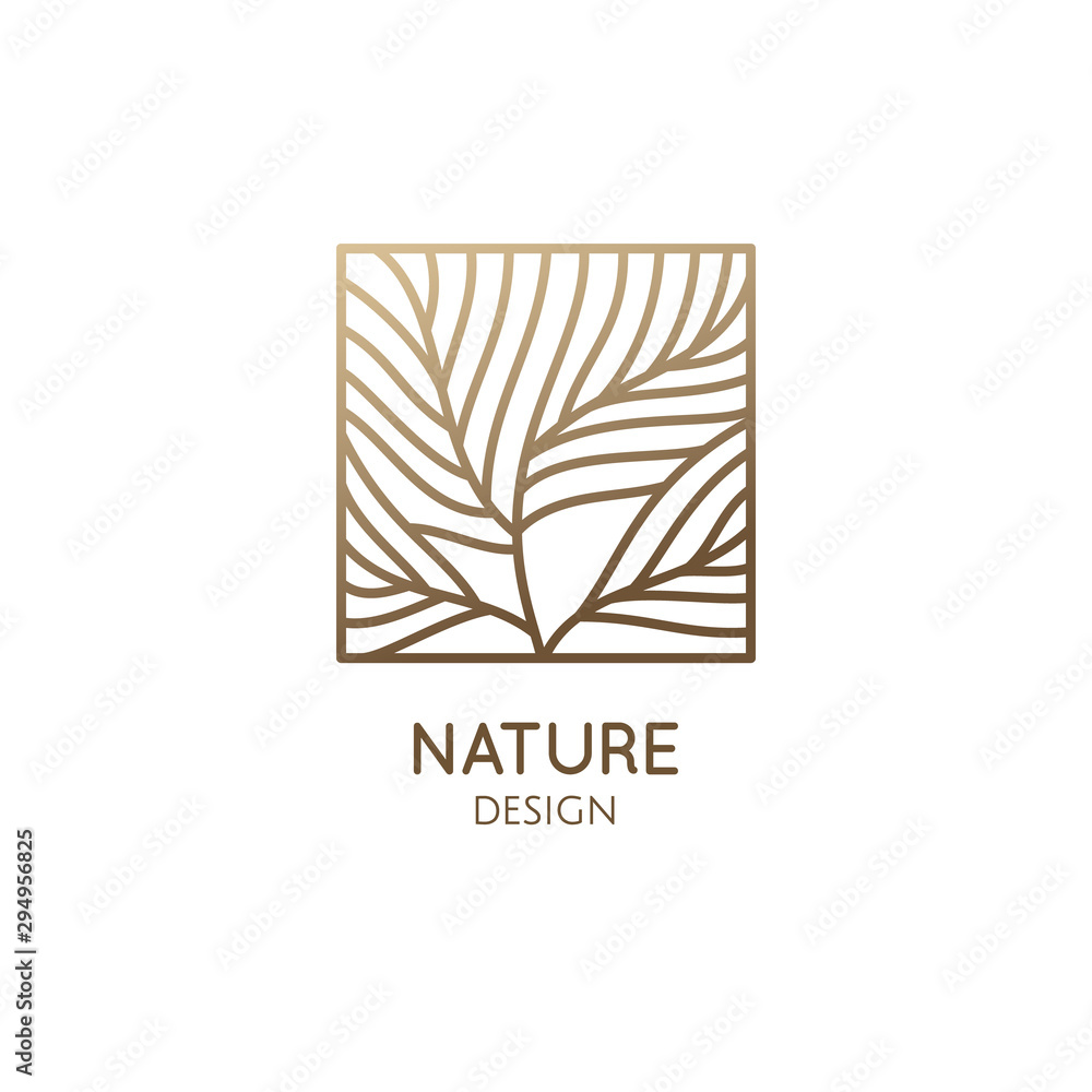 Square abstract tree emblem. Linear feather emblem
