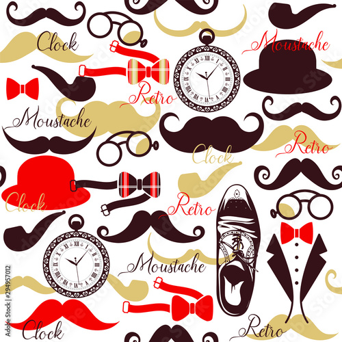 Seamless retro pattern - clock, boot, tuxedo, mustache, smoking pipe, hat, glasses, butterfly - tie