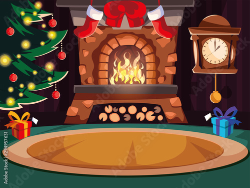living room with chimney and christmas decoration