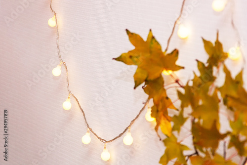 Home concept with modern interior, white room, blank wall. Clean wall, light garland, yellow maple leasves. Cozy minimalist abstract autumn interior for poster, banner. Space for text, selective focus photo