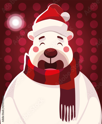 christmas card of polar bear with hat and scarf