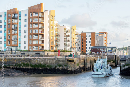 Harbour wall in the Bristol Channel at Portishead UK, New apartiment building. © valdisskudre
