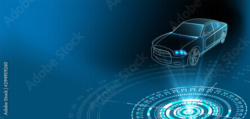 Futuristic car service, scanning and auto data analysis. Intelligent car banner. Futuristic isometric smart car and icons with machine benefits. Vector illustration