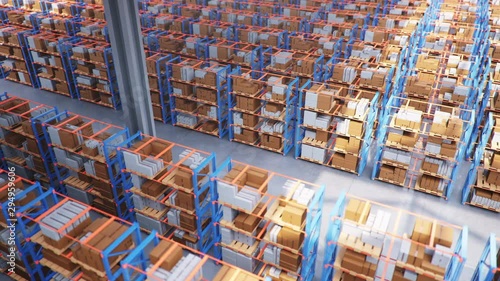 Warehouse with cardboard boxes inside on pallets racks, logistic center. Huge, large modern warehouse. Warehouse filled with cardboard boxes on shelves. Top view of the entire warehouse 3D animation