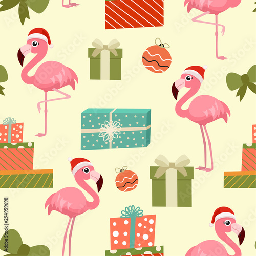 Winter christmas pattern with flamingo and gifts. Vector seamless texture.