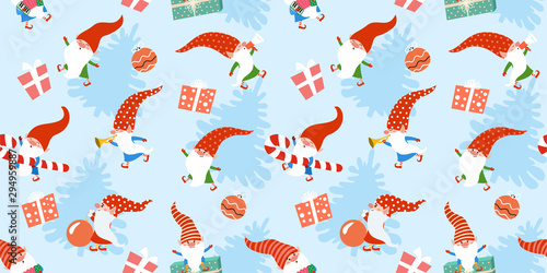 Winter christmas pattern with funny gnomes and gifts. Vector seamless texture.