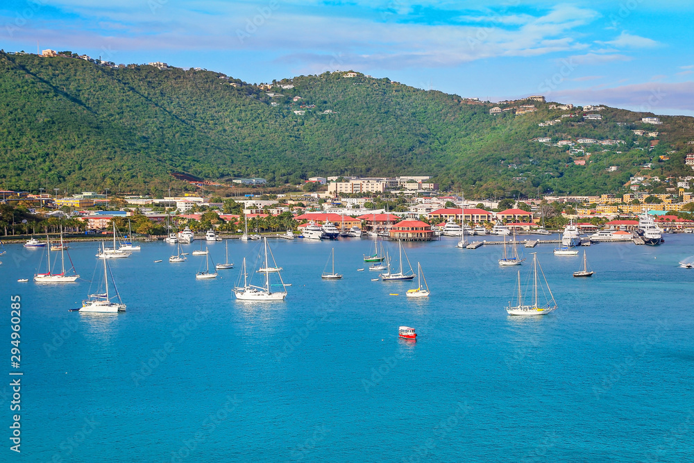 Saint Thomas Island resort, Scenic Charlotte Amalie Bay with docked cruise ships and yachts