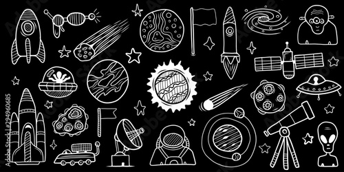 Big collection of space elements. Astronomy doodles. Hand drawn sketch. Vector illustration.