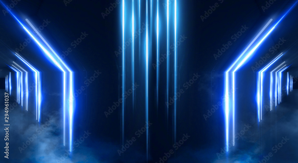 Abstract light tunnel, stage, portal with rays, neon lights and spotlights. Dark empty scene with neon. Abstract blue background, light, smoke. Symmetric reflection, perspective. 3D rendering.