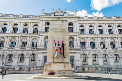 LONDON - APRIL 19. The Cenotaph War Memorial on April 19, 2015, designed by Edwin Lutyens and built in 1920 for the First World War annual November Peace Ceremony, located in Whitehall, London.