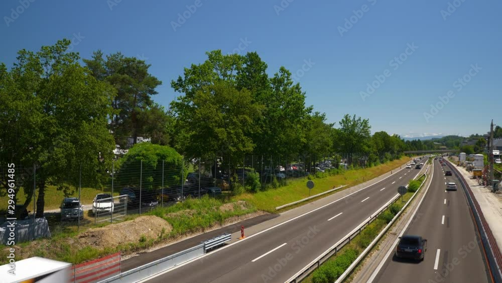 sunny day small city traffic highway bridge panorama 4k switzerland sunny day small city traffic highway bridge panorama 4k switzerland