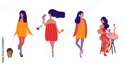 Set girls, different activities, relaxing in a cafe woman in a red dress, walking with a dog, talking on the phone.Hand drawn.Vector cartoon flat style illustration, isolated on white background.