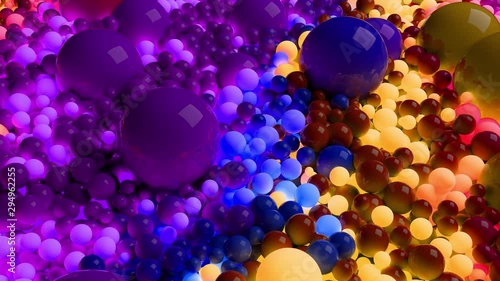 3D loop of animation in 4k with beautiful small and large spheres or balls as an abstract holiday background. Beautiful composition of colorful glowing spheres photo