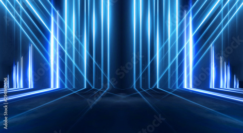 Abstract light tunnel, stage, portal with rays, neon lights and spotlights. Dark empty scene with neon. Abstract blue background, light, smoke. Symmetric reflection, perspective. 3D rendering.