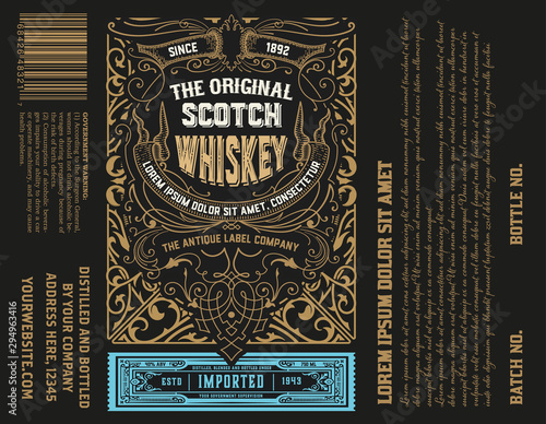 Whiskey label hand drawn design retro vector vintage illustration