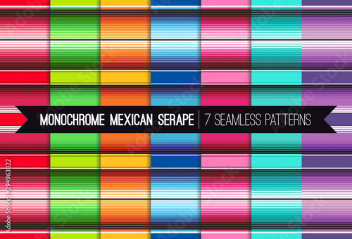 Pack of 7 Mexican Serape Blanket Stripes Seamless Vector Patterns in Monochrome Colors. Backgrounds for Day of the Dead or Cinco de Mayo Decor. Rug Texture with Threads. Pattern Tile Swatches Included © Artefficient