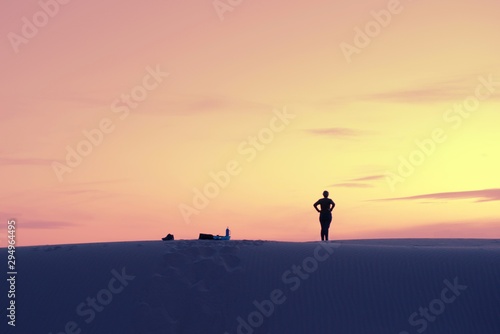 Lone explorer woman overlooking the desert from atop a dune against a golden sky at sunset.