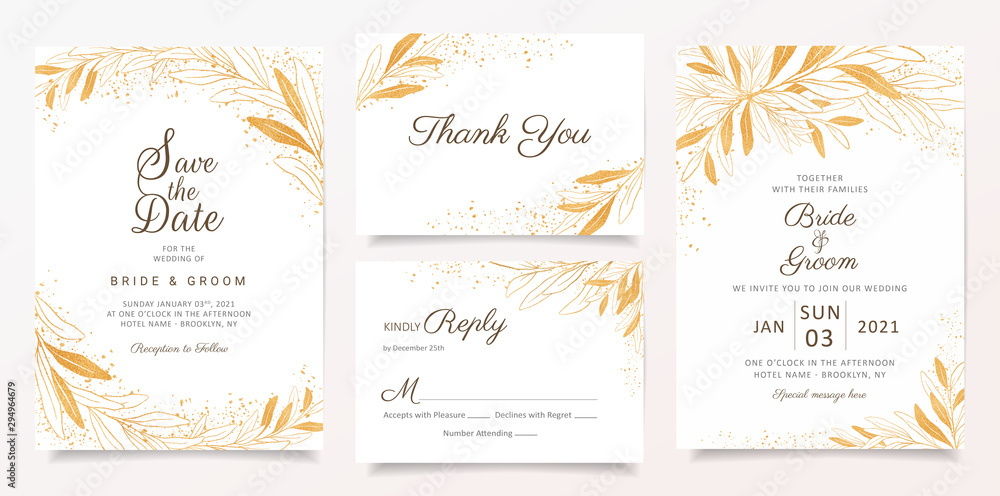 Gold wedding invitation card template set with floral and glitter  decoration. Elegant abstract background save the date, invitation, greeting  card, multi-purpose vector Stock Vector | Adobe Stock