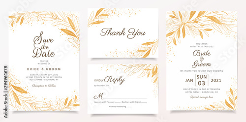Gold wedding invitation card template set with floral and glitter decoration. Elegant abstract background save the date, invitation, greeting card, multi-purpose vector