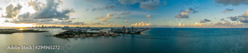 Aerial drone panorama Miami Beach inlet sunset twilight shot