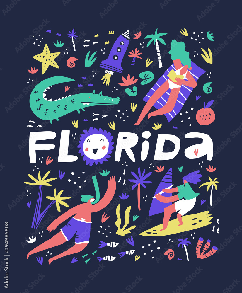Florida coast summer rest flat vector illustration. State name freehand lettering. Holiday vacation entertainments, beach activities. Resting people cartoon characters. Leisure concept