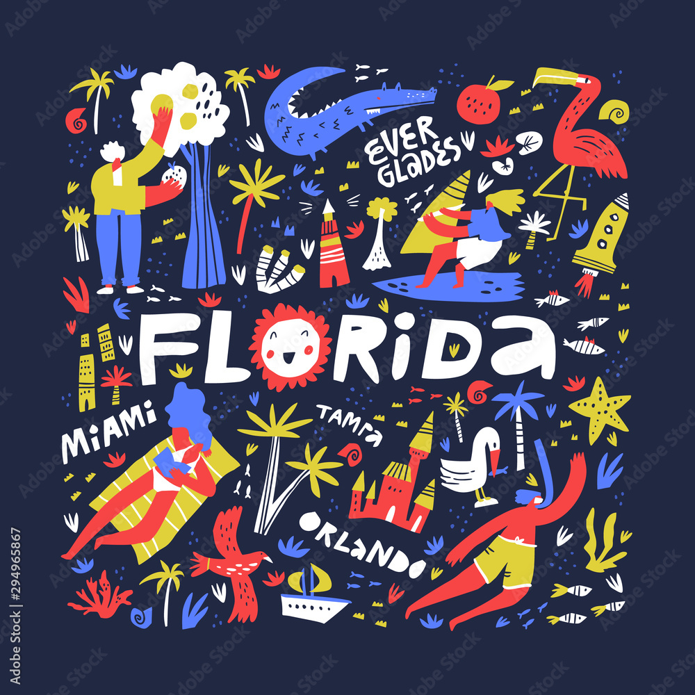 Florida summer rest ideas flat vector illustration. Resort town names freehand lettering. State nature, leisure, sport activities. Resting people cartoon characters. Summer amusement concept