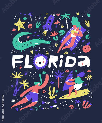 Fototapeta Naklejka Na Ścianę i Meble -  Florida coast summer rest flat vector illustration. State name freehand lettering. Holiday vacation entertainments, beach activities. Resting people cartoon characters. Leisure concept